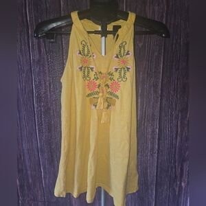 Keep in Touch - Mustard Floral Embroidered Tank Top Boho Sleeveless V-Neck Flowy